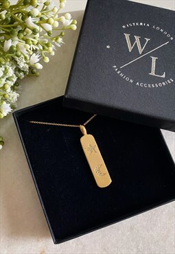 Moon and Star Gold CZ Bar Necklace