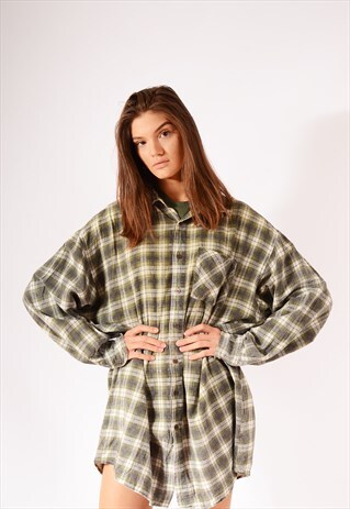 VINTAGE OVERSIZED CHECK FLANNEL SHIRT DRESS GREEN