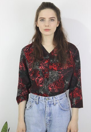 VINTAGE 1980S RED PRINTED CROPPED BLOUSE