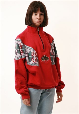 90S VINTAGE PATTERN SWISS DESIGN 1/4 ZIP JUMPER SWEATS 14807