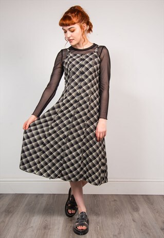 90'S MONOCHROME CHECK PATTERN GRUNGE STYLE MIDI DRESS