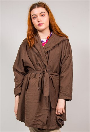 VINTAGE 90'S BROWN WAIST TIE OVERSIZED MAC PARKA COAT