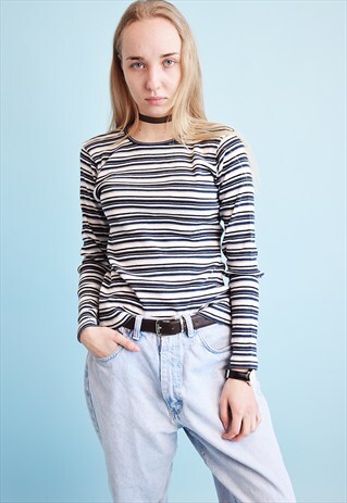 90'S RETRO STRIPED KNITTED TEEN JERSEY JUMPER TOP BLOUSE