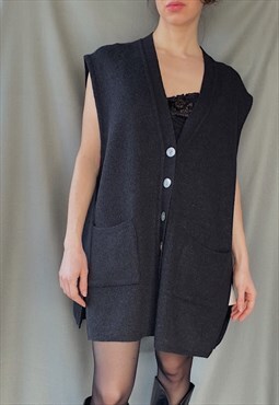 80s vintage WOOL blend dark grey oversize long sweater vest