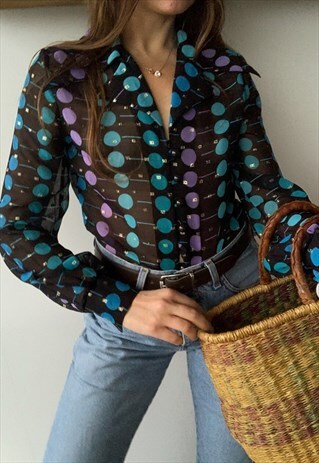 VINTAGE 60S LUXE DOT MUSLIN MOD BOHO SHEER SHIRT TOP BLOUSE