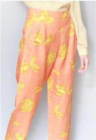 VINTAGE 1970'S ORANGE AND YELLOW NAUTICAL PRINT TROUSERS