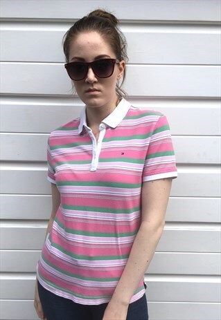 WOMENS 90S TOMMY HILFIGER POLO SHIRT STRIPY SHORT SLEEVE TOP