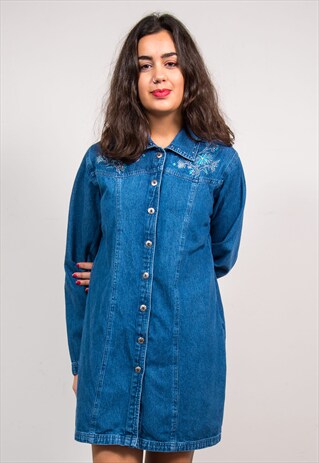 VINTAGE 90'S EMBROIDERED BUTTON DOWN DENIM DRESS
