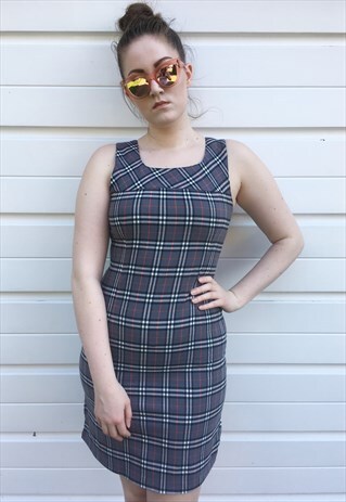 WOMENS VINTAGE BURBERRY DRESS GREY NOVA CHECK PINAFORE TOP