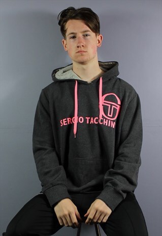 VINTAGE SERGIO TACCHINI HOODIE IN GREY WITH PRINTED LOGO AND