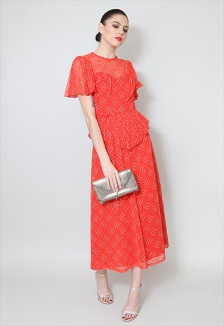 70'S LADIES VINTAGE DRESS RED SHEER WHITE ANGEL SLEEVE MIDI
