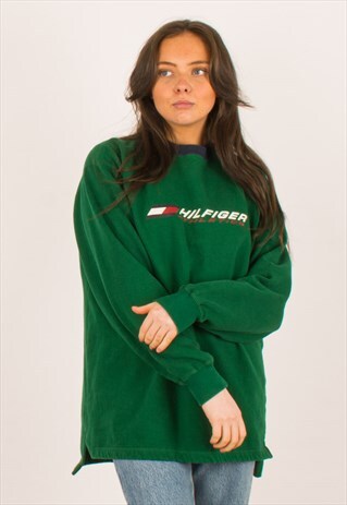 VINTAGE 90S GREEN TOMMY HILFIGER SPELLOUT SWEATSHIRT XL