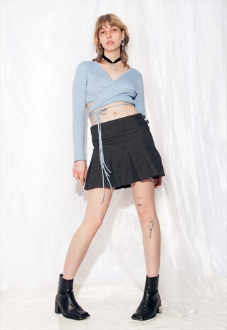 Vintage Benetton Skirt Y2K Pleated Preppy Mini in Grey Wool