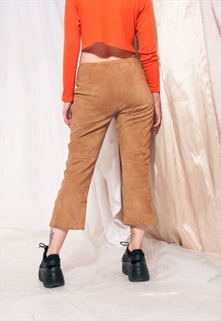 VINTAGE LEATHER TROUSERS Y2K SUEDE FLARE CROPPED PANTS