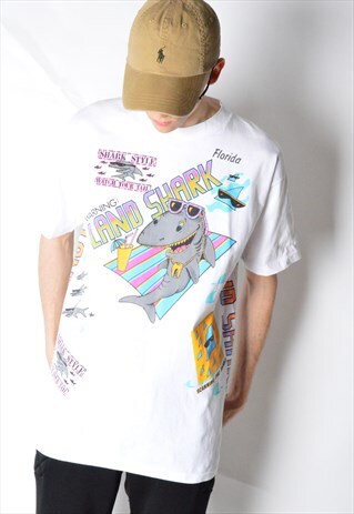 VINTAGE 80S WHITE COLOURFUL SHARK PARTY T-SHIRT