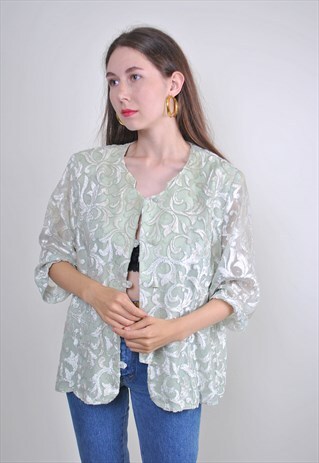 HERMANN LANGE VINTAGE BRIGHT GREEN FLORAL BLAZER, SIZE L