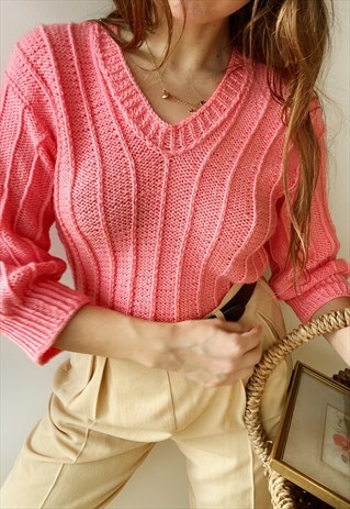 VINTAGE 70S MOD CABLE KNIT PARISIAN BARBIE PINK JUMPER