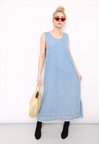 VINTAGE 90S BLUE DENIM EMBROIDERED PINAFORE DRESS