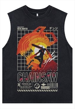 Anime print tank top surfer vest Chainsaw sleeveless t-shirt