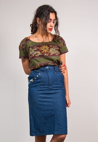 VINTAGE 90'S GREEN STRIPED FLOWER PATTERN BOHO T-SHIRT TOP