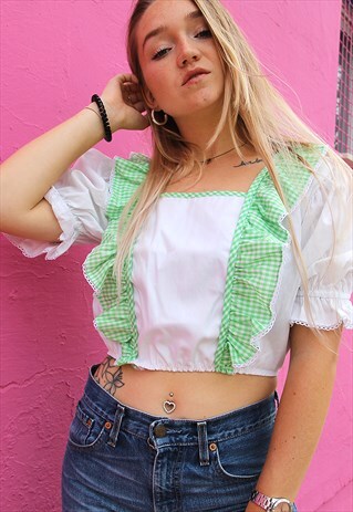 WHITE & GREEN GINGHAM RUFFLE TOP