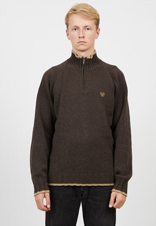 VINTAGE BROWN FILA 1/4 ZIP NECK KNIT JUMPER SWEATER