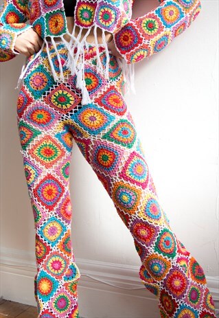 MULTICOLOURED FESTIVAL PATCHWORK CROCHET FLARED TROUSERS