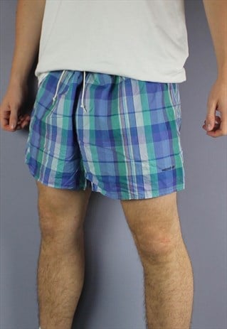 VINTAGE ADIDAS SHORTS IN BLUE PLAID WITH POCKETS, PRINTED LO