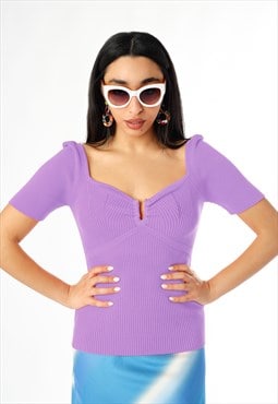 Lilac Sweet Heart U Scoop Ring Cut Out Knit Top