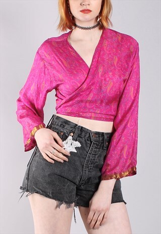 VINTAGE 90S SILK PAISLEY PATTERNED CROPPED KIMONO WRAP TOP