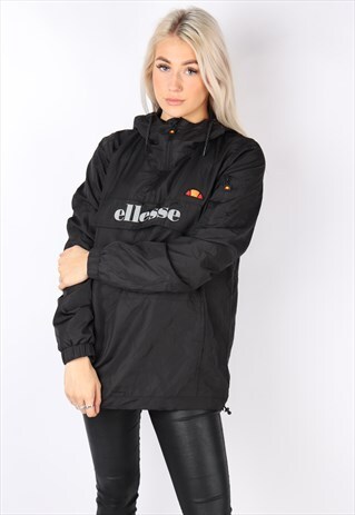 VINTAGE ELLESSE JACKET 1/4 ZIP BLACK OVERSIZED SPELLOUT L XL