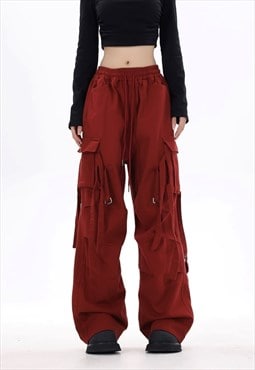 Parachute joggers cargo pocket pants rave trousers in red