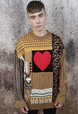 Heart pattern sweater love vintage cable knit jumper brown