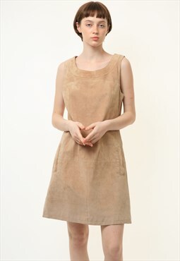 Suede Leather Beige Mini A Line Mini Length Dress 3990