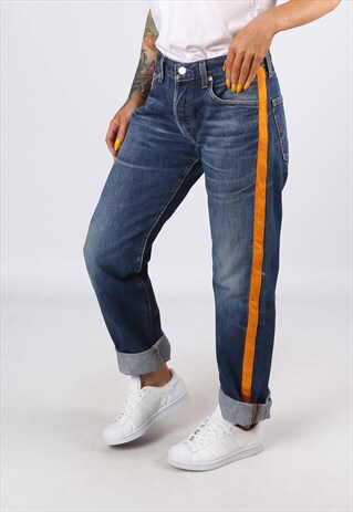 LEVIS 501'S DENIM JEANS REWORKED SIDE STRIPE UK 10 (G3AE)