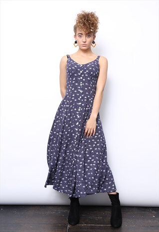 VINTAGE 90S NAVY FLORAL MIDI BUTTON DRESS
