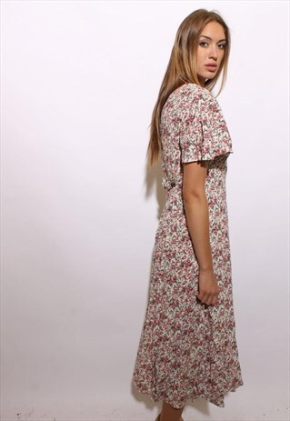 VINTAGE 1990'S 90'S WHITE & PINK FLORAL PRINT SUN DRESS S-M