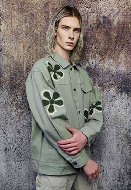 Floral patch denim jacket velvet applique jean bomber green