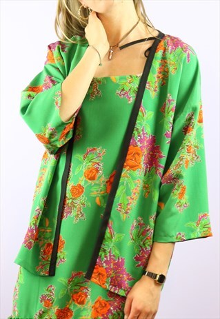 ORANGE ROSE ON EMERALD KIMONO