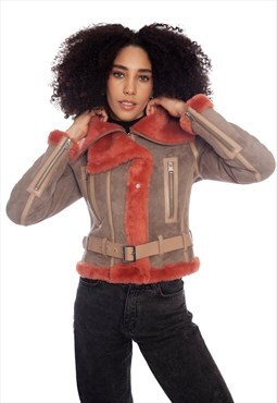 Womens Shearling Fashion Jacket - Beige Suede / Brick Wool