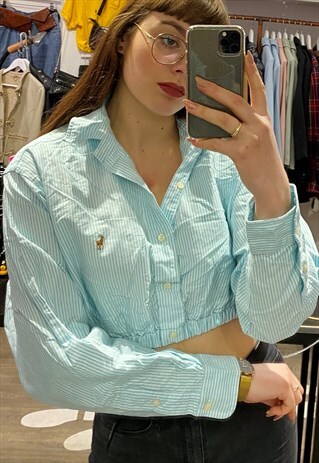 VINTAGE REWORKED RALPH LAUREN CROPPED SHIRT IN BLUE STRIPED