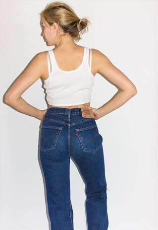 VINTAGE 501 DARK BLUE RIPPED KNEE GUY FIT JEANS
