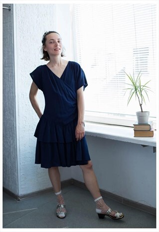 VINTAGE 80'S NAVY MINI WRAP TOP SHORT SLEEVED DRESS