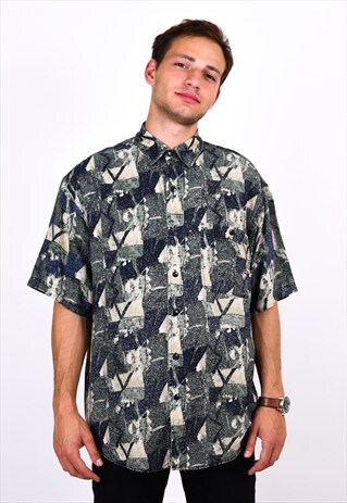 VINTAGE 80S ABSTRACT SPECKLED SHORT SLEEVE SILK SHIRT