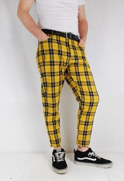 Mens Slim Fit Lined Tartan Cropped Check Trousers Yellow