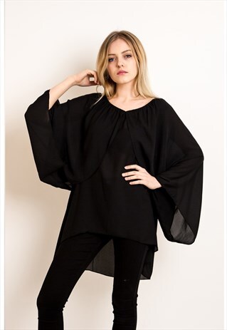LONG SLEEVES OVERSIZE CHIFFON KIMONO CAPE JACKET BLACK