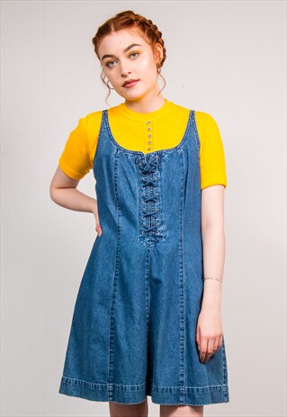 VINTAGE 90'S LACE UP BLUE DENIM MINI DRESS