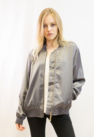 PLAIN COLOR OVERSIZED RELAXED FIT SATIN BOMBER JACKET GREY