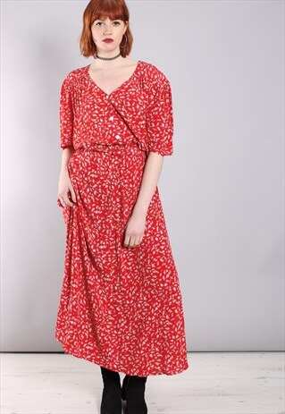 VINTAGE 80S FLORAL PATTERNED BELTED MAXI DRESS