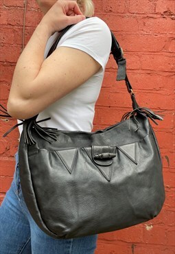 90s Slouchy Black Leather Shoulder Bag with Tassels